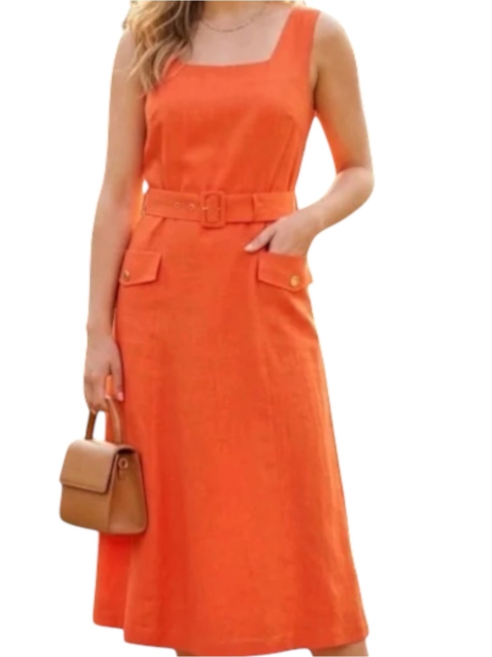 Tahari ASL Square Neck Belted Linen Blend Midi Dress Clementine Orange NWT - Picture 2 of 4